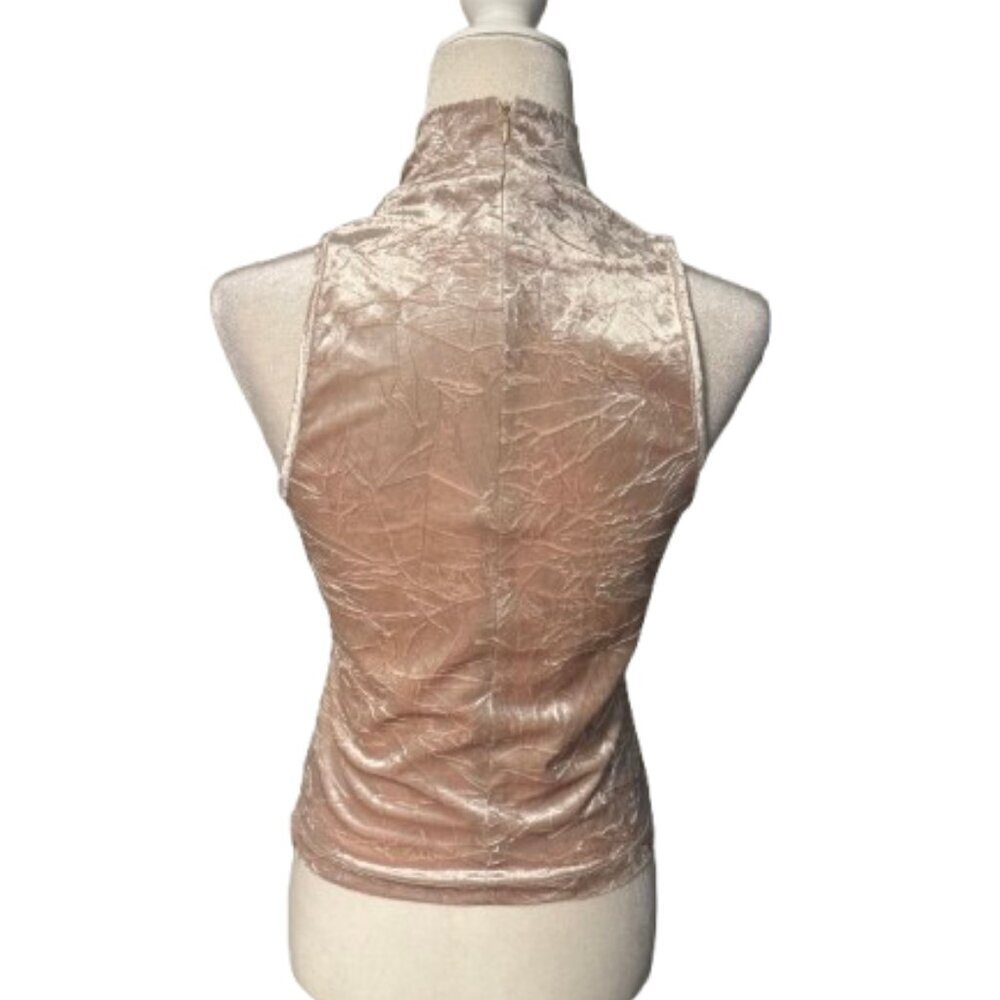 525 Champagne Gold Velvet Crinkle High Neck Sleeveless Top - Picture 2 of 7